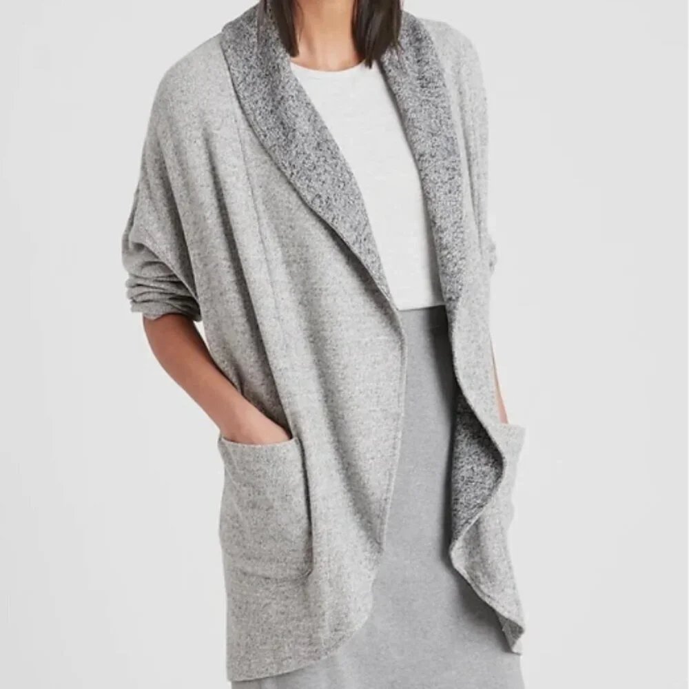 Banana Republic Open Lofty‎ Knit Cardigan Sweater Womens Size M/L Gray Pockets